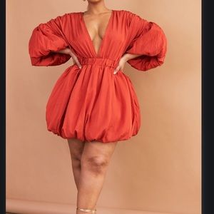 Plus Rust Puff Sleeve Puffball Hem Shift Dress